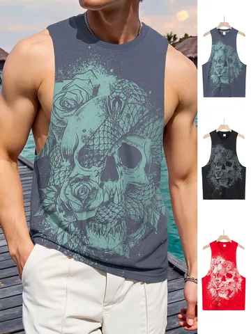 Men Tank Top Polyester Skull Rose Snake Printed Quick Dry Breathable Streetwear Sports Sleeveless Top Casual Fitness Apparel