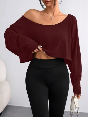 Women Sexy Off Shoulder Long Sleeve Crop Top Solid Color Loose Fit Polyester T-Shirt Fashion Streetwear Slimming Base Layer Top