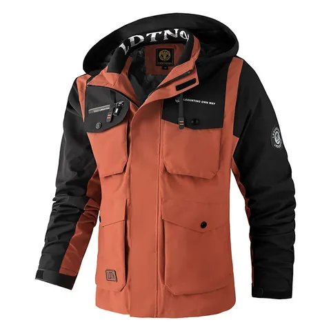 Veste Homme à Capuche Extérieur Bloc de Couleur Poches Multiples Coupe-vent Parka Épaissie Imperméable Top