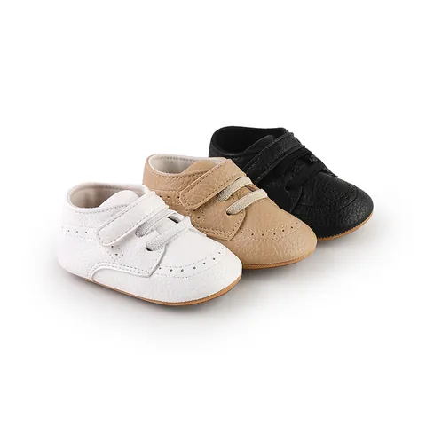 Baby First Walker Shoes Faux Leather Soft Sole Infant Prewalker Casual Brogue Perforated Design Hook And Loop Sneakers For Boys Girls