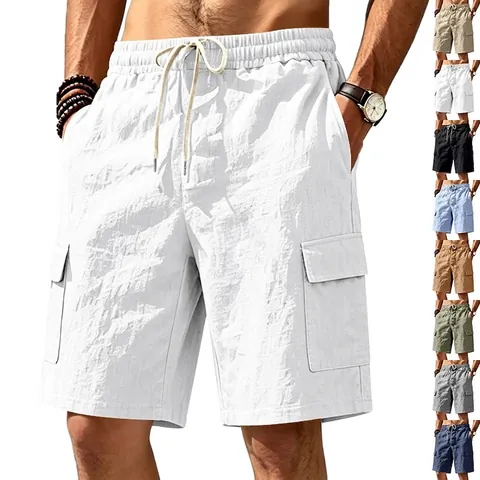 Men's American Style Multi-Pocket Cargo Shorts Linen Breathable Loose Fit Casual Outdoor Drawstring Waist Shorts