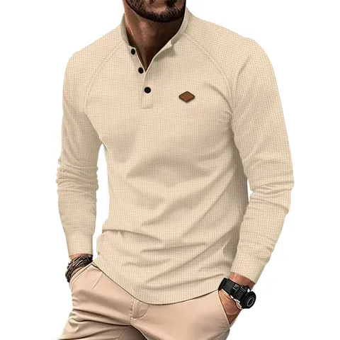 Men's Casual Waffle Knit Henley Shirt Long Sleeve Slim Fit Button Stand Collar T-Shirt Polyester Solid Color Spring Autumn Top