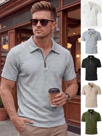 Ανδρικό Casual Αθλητικό Μπλουζάκι Polo Μισό Φερμουάρ Κοντό Μανίκι Πλέξη Βάφλας Μονόχρωμο Μόδα Καλοκαίρι