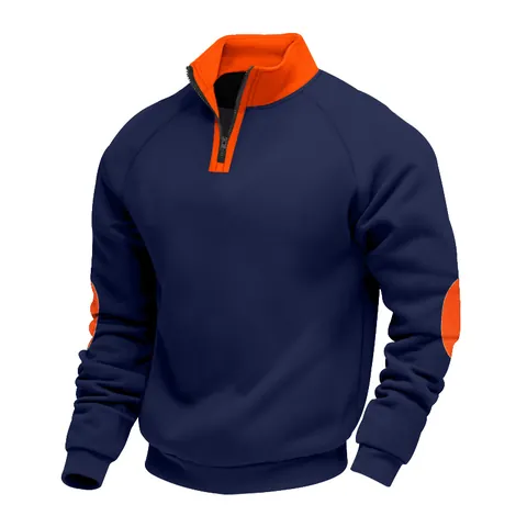 Men's American Style Color Block Quarter-Zip Hoodie Heavyweight Fleece Mock Neck Sweatshirt With Elbow Patches Casual Top