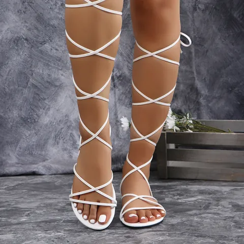 Sandalias Planas de Gladiador para Mujer de Microfibra Estilo Romano con Correas Cruzadas al Tobillo Zapatos de Verano para Playa Tallas Grandes