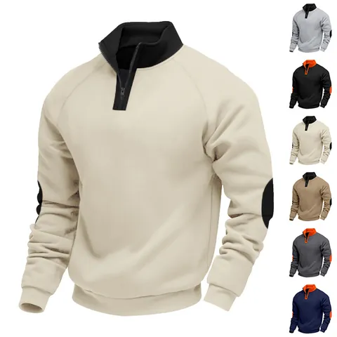 Men's American Style Color Block Quarter-Zip Hoodie Heavyweight Fleece Mock Neck Sweatshirt With Elbow Patches Casual Top