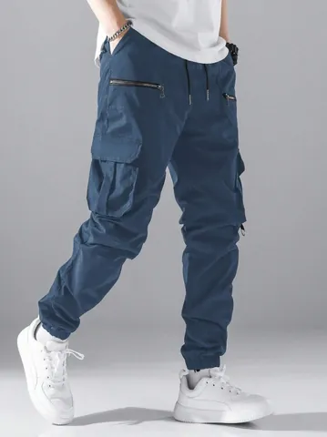 Heren Ruime Cargobroek Polyester Multi-Pocket Trekkoord Joggers Japanse Stijl Casual Outdoor Lange Broek Voor Volwassenen