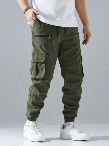 Heren Ruime Cargobroek Polyester Multi-Pocket Trekkoord Joggers Japanse Stijl Casual Outdoor Lange Broek Voor Volwassenen