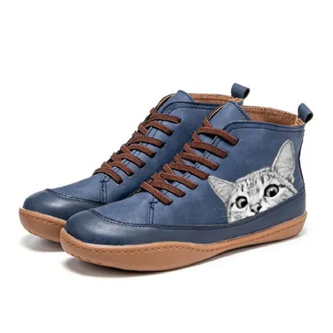 Printed Cat Series Boots Women Casual Round Toe Lace Up Flat Martin Boots Comfortable Non-Slip Rubber Sole Winter Shoes