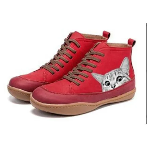 Printed Cat Series Boots Women Casual Round Toe Lace Up Flat Martin Boots Comfortable Non-Slip Rubber Sole Winter Shoes