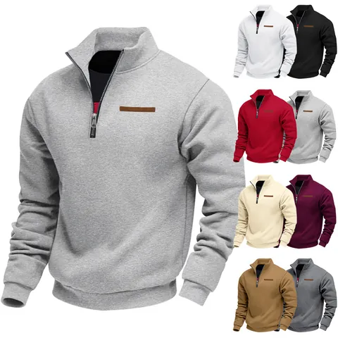 Men American Style Oversized Half-Zip Stand Collar Fleece Lined Sweatshirt Solid Color Casual Pullover Top