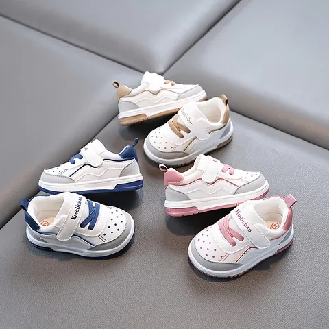 Toddler Walking Shoes For 1-2 Year Olds Soft Sole Breathable PU Non-slip Sneakers Velcro Board Shoes For Boys Girls