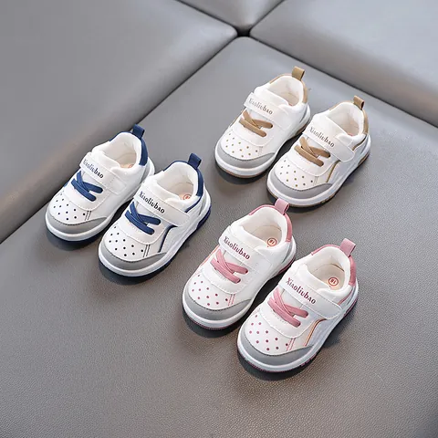 Toddler Walking Shoes For 1-2 Year Olds Soft Sole Breathable PU Non-slip Sneakers Velcro Board Shoes For Boys Girls