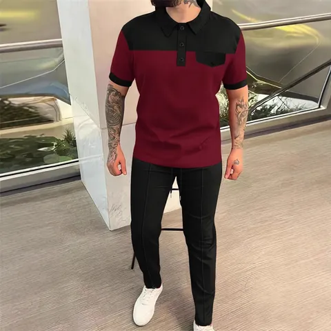 Herren Waffelstrick Farbblock Polo Oben Und Unten Lässig Revers Kurzarm Tasche Knopf Lange Hose Zweiteiliges Set