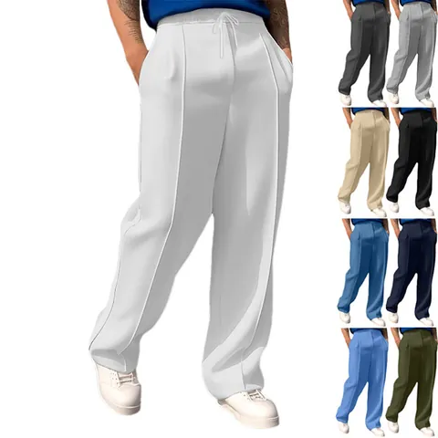 Men Casual Drawstring Sweatpants Loose Fit Mid Waist Joggers American Style Straight Leg Knit Solid Color Bottoms