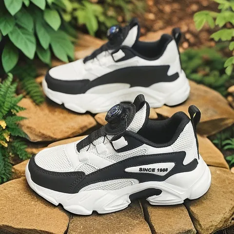 Kids Rotary Buckle Sneakers 2025 New Student Running Shoes Breathable Mesh Sport Shoes For Boys Girls White Black Fashion Dad Shoes