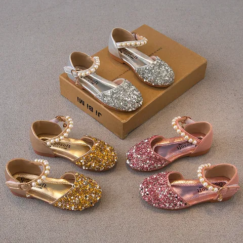 Girls Princess Sandals Closed Toe Sequin Shoes Artificial Pearl Rhinestone Hook And Loop Flat Wedding Party Shoes For Kids