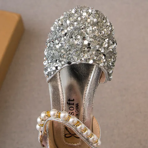 Girls Princess Sandals Closed Toe Sequin Shoes Artificial Pearl Rhinestone Hook And Loop Flat Wedding Party Shoes For Kids