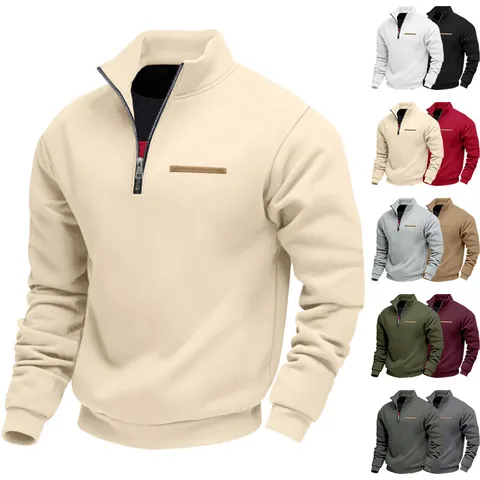 Men Quarter Zip Fleece Sweatshirt Stand Collar Solid Casual Winter Long Sleeve Top Polyester Pullover Heavyweight Warm
