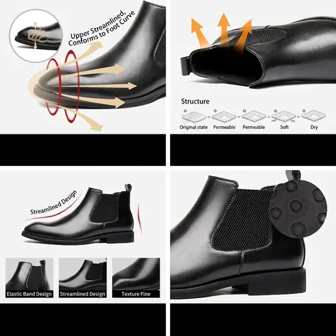 Men British Style Split Leather Chelsea Boots Retro Square Toe Slip-on Elastic Side Business Casual High-top Short Boots