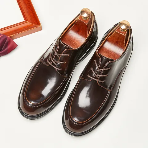 Men's Split Leather Patent Derby Shoes Shiny Business Casual Round Toe Lace-up Dress Shoes For Office Wedding Formal Shoes