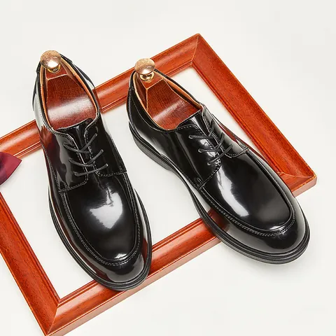 Men's Split Leather Patent Derby Shoes Shiny Business Casual Round Toe Lace-up Dress Shoes For Office Wedding Formal Shoes
