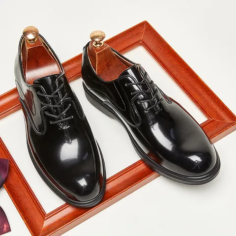 Men Business Formal Oxford Shoes Shiny Patent Split Leather British Style Round Toe Lace-Up Non-Slip Dress Shoes