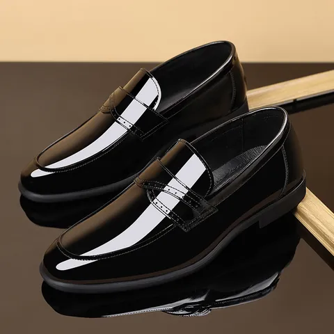 Mocasines de Negocios para Hombre de Charol Estilo Británico Punta Cuadrada Slip-On Zapatos Formales de Boda Casual de Cuero