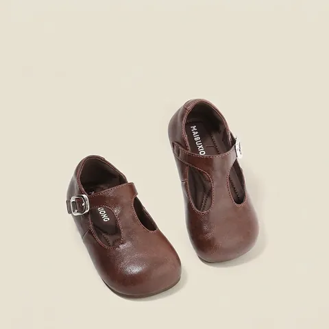 Girls Mary Jane Shoes Retro British Style Princess Leather Shoes Round Toe Breathable Non-Slip Kids Flat Single Shoes