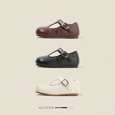 Girls Mary Jane Shoes Retro British Style Princess Leather Shoes Round Toe Breathable Non-Slip Kids Flat Single Shoes