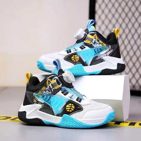 Kids Basketball Shoes Breathable Mesh Sport Sneakers With Rotary Buckle Spliced PU Leather Non-Slip Training Shoes Boys Girls