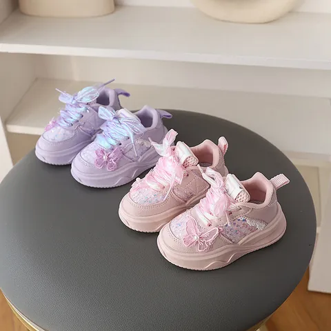 Zapatos de Papá para Niñas 2025 Primavera Nuevas Zapatillas de Malla Transpirable Lazo de Strass y Perlas Artificiales Zapatos de Running Niños