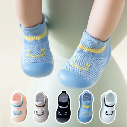 Baby Breathable First Walkers Soft Sole Non-Slip Floor Socks Shoes For Infants Toddlers Mesh Knit Cartoon Smiley Face Shoes