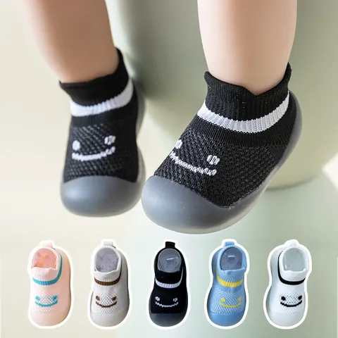 Baby Breathable First Walkers Soft Sole Non-Slip Floor Socks Shoes For Infants Toddlers Mesh Knit Cartoon Smiley Face Shoes