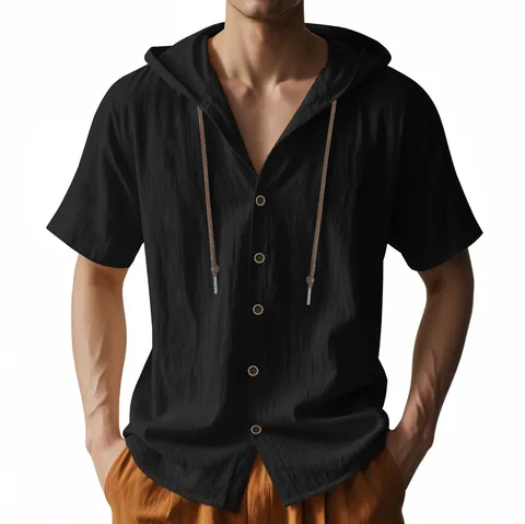 Men Summer Thin Breathable Linen Hooded Short Sleeve Shirt Top Amekaji Loose Casual Button Down Linen Shirt