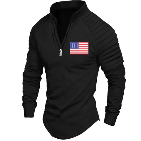 Men's Long Sleeve Polo Shirt Pleated Sleeves Quarter Zip Stand Collar Solid Color Polyester Casual Sporty Top American Flag Patch