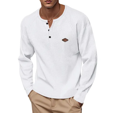 T-Shirt Henley da Uomo Casual in Maglia a Nido d'Ape Manica Lunga Asciugatura Rapida Poliestere Traspirante Stile Americano Tinta Unita