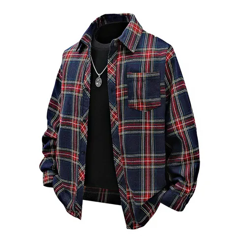 Men's Hong Kong Style Plaid Shirt Loose Fit Long Sleeve Button Down Checked Jacket Casual Unisex Top