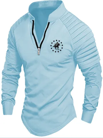 Men's Casual Long Sleeve Polo Shirt Stand Collar 1/4 Zipper Pleated Arm Graphic Print 1776 Polyester Top Spring Autumn Fashion