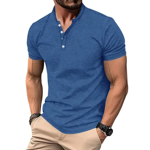 Maglietta Henley Retro Casual da Uomo Poliestere Trama Slub Manica Corta Tinta Unita Vestibilità Slim Top Estivo