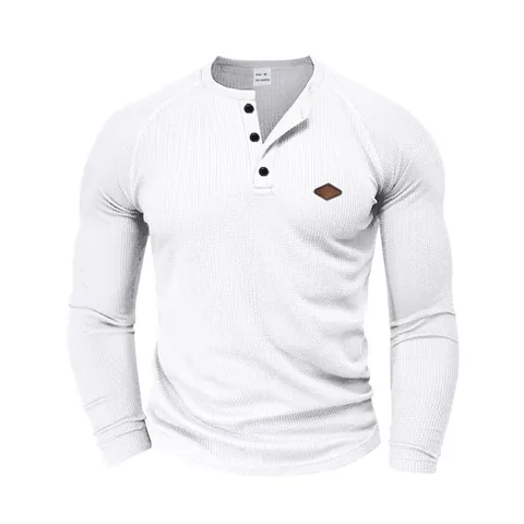 Men's Waffle Knit Henley Shirt Long Sleeve Casual Raglan Sleeve Button Up Top Quick Dry Texture Solid Color Tee