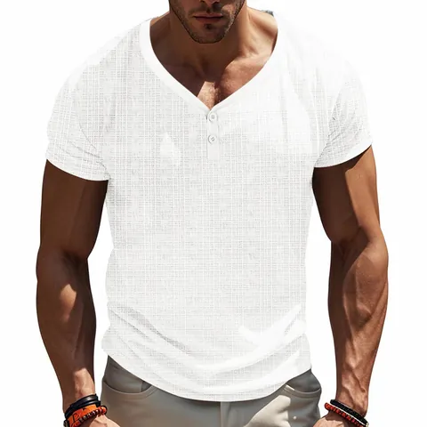 Men's Casual Henley Shirt Short Sleeve V Neck Slub Texture Breathable Summer Top Soft Comfortable Sporty Muscle Tee