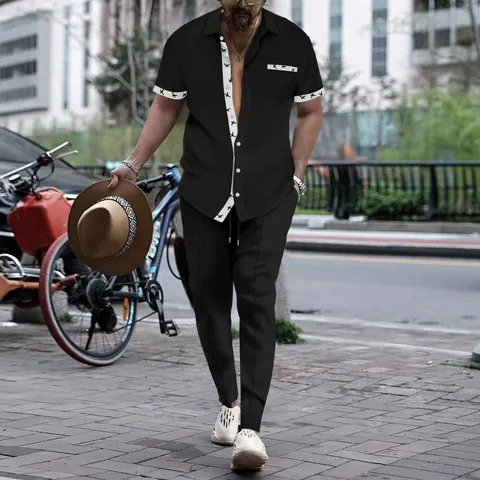 Herren Casual Waffelstrick Top Und Bottom Kurzarmhemd Lange Hose Vogeldruck Sommer Streetwear Sportlich Polyester Bekleidungsset