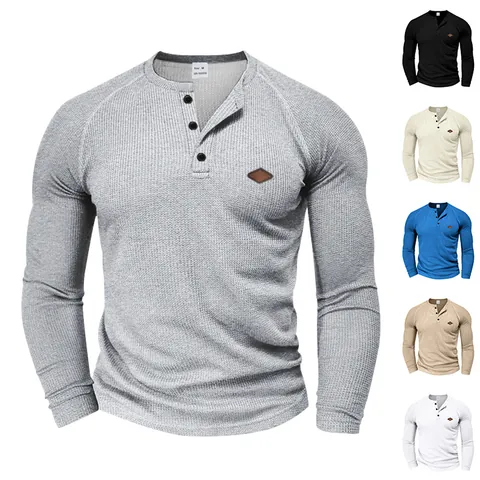 Men's Casual Waffle Knit Long Sleeve Henley Shirt Raglan Sleeve Quick Dry Solid Color Breathable American Style Top