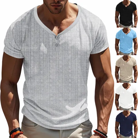 Men's Casual Henley Shirt Short Sleeve V Neck Slub Texture Breathable Summer Top Soft Comfortable Sporty Muscle Tee