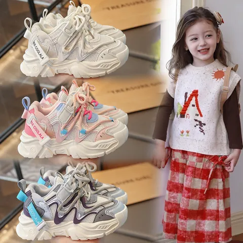 Breathable Mesh Kids Sports Shoes Lightweight Running Sneakers For Boys Girls Casual Student White Shoes Anti-Slip Chunky Sole