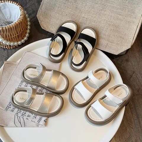 Summer Girls Sandals Soft Sole PU Leather Beach Shoes For Toddler Little Kids Open Toe Hook And Loop Princess Sandals