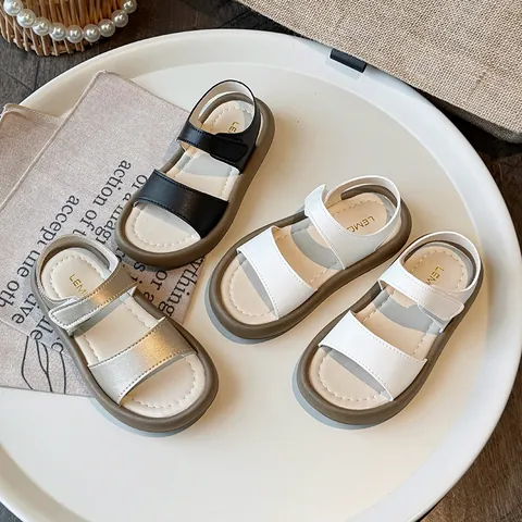 Summer Girls Sandals Soft Sole PU Leather Beach Shoes For Toddler Little Kids Open Toe Hook And Loop Princess Sandals