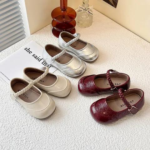 Girls Mary Jane Princess Shoes Braided Strap Soft Sole Anti Slip PU Leather Party Dress Shoes Silver Beige Wine Red