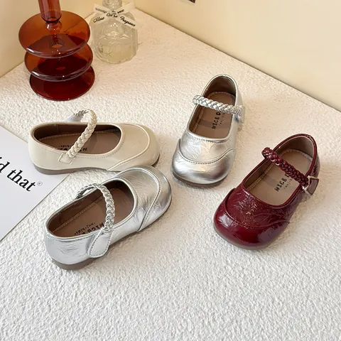 Girls Mary Jane Princess Shoes Braided Strap Soft Sole Anti Slip PU Leather Party Dress Shoes Silver Beige Wine Red